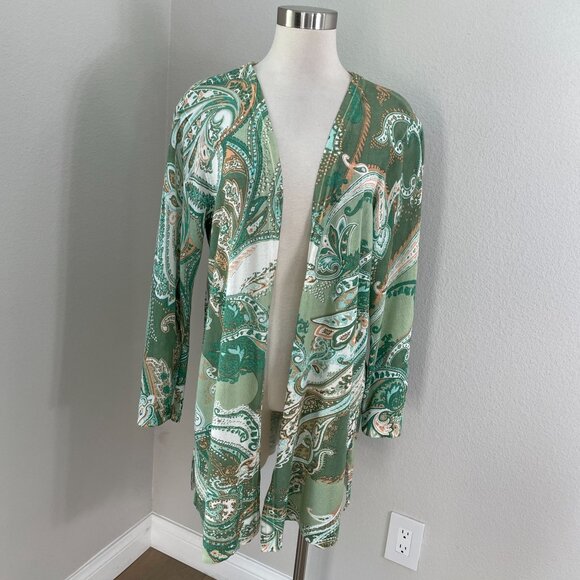 Chicos 2 Womens Large Green Paisley Open Front Cardigan Lightweight Jacket - Picture 1 of 11